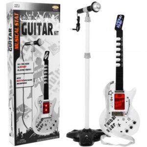 Elektrická rocková gitara s mikrofónom biela