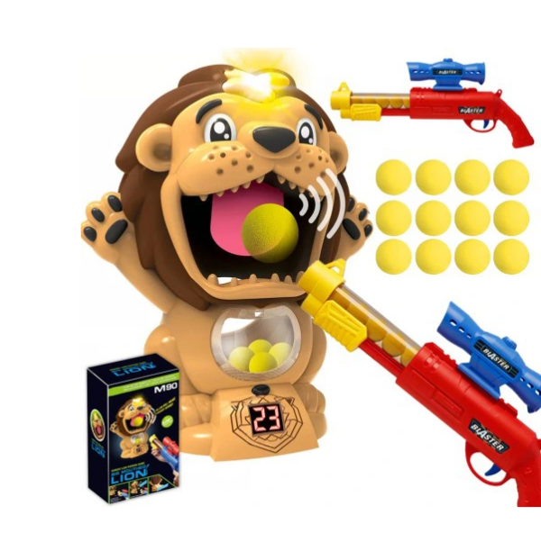 Strieľajúca hra lev - puška na penové loptičky a terč v tvare leva