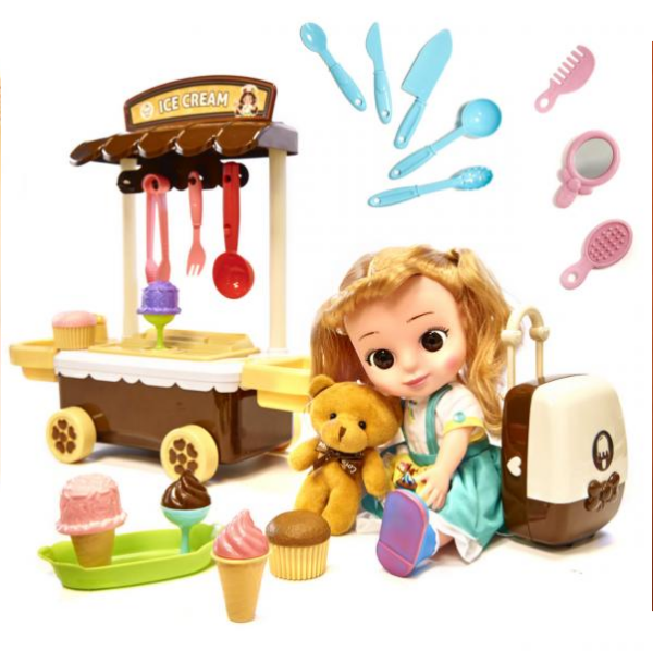Pojazdný obchod so zmrzlinou a bábikou - akcia: chýba strieška na vozíku