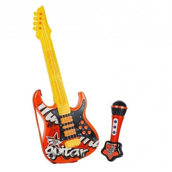 Červená elektrická rocková gitara s mikrofónom