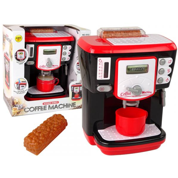 Veľký detský kávovar s tečúcou vodou čierno-červený