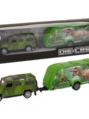 Auto Jeep s prívesným vozíkom na prevoz dinosaura