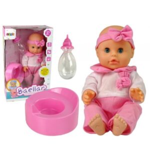 Bábika bábätko v ružovej pyžame pije a ciká