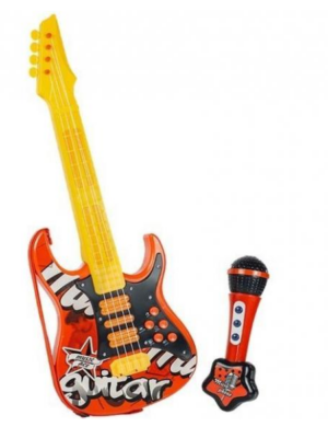 Červená elektrická rocková gitara s mikrofónom